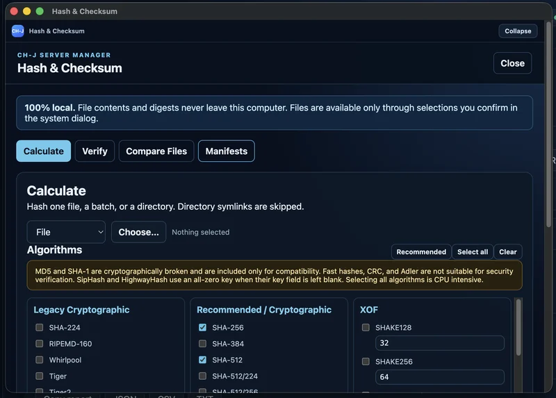 CH-J Server Manager – Hash & Checksum: místní soubor a výběr doporučených algoritmů SHA-256, SHA-512 a BLAKE3.